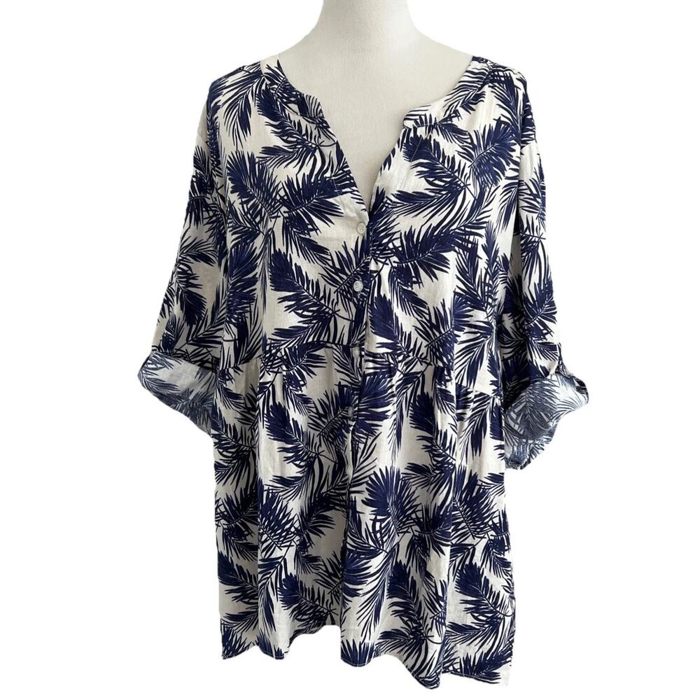 Jones & Co Linen Blend Blouse Top Women 3X  3/4 Sleeves Babydoll Blue Cream NWOT - Picture 12 of 12